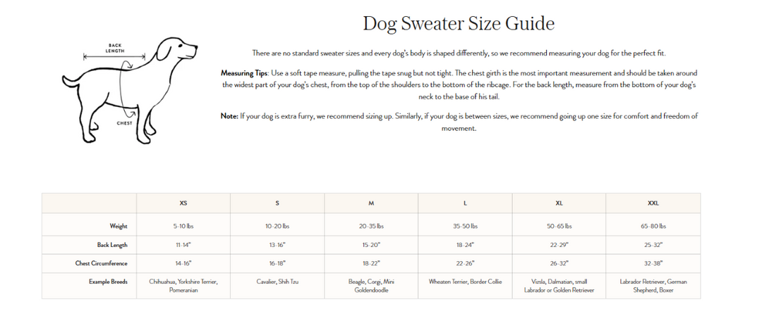Foggy Dog Sweater Size Chart