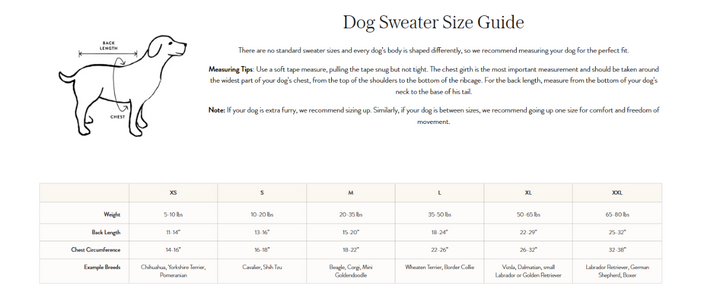 Foggy Dog Sweater Size Chart