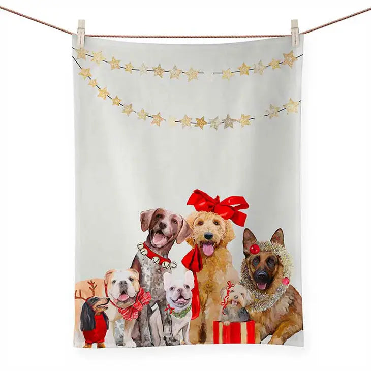 Festive Puppy Pack Tea Towel - Red