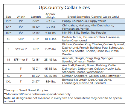 Up Country Plaid Dog Collar Size Chart