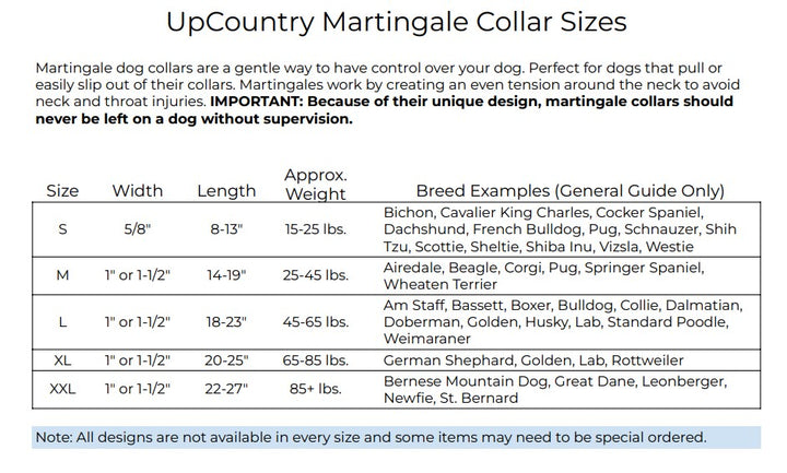 Up Country Plaid Martingale Dog Collar Size Chart
