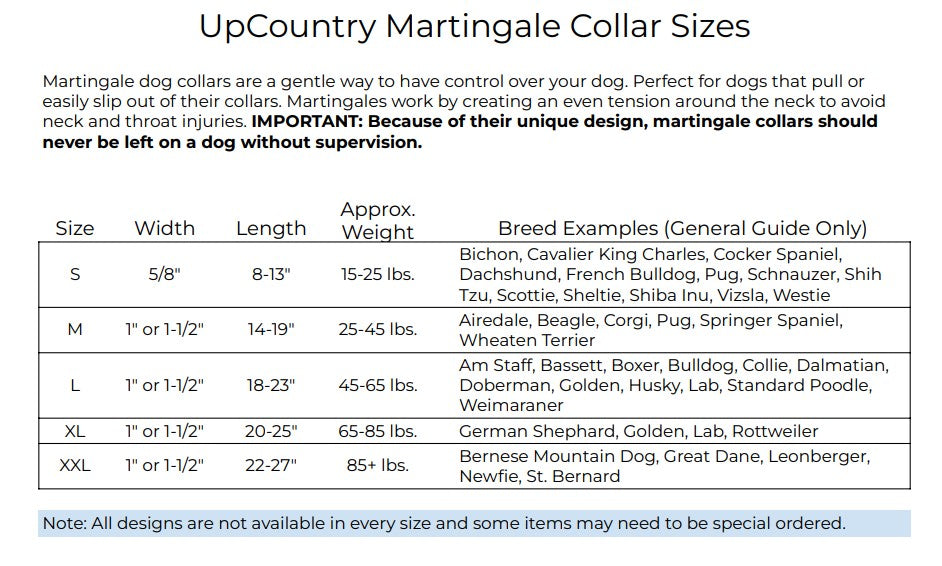 Lobster & Buoy Martingale Dog Collar Size Chart
