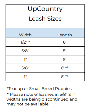 Lobster + Buoy Dog Lead Size Chart