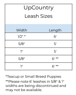 Up Country Dog Lead Size Chart