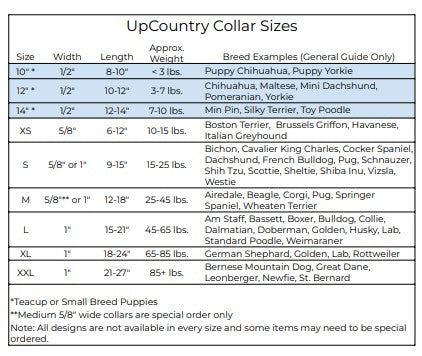 Up Country Collar Size Chart