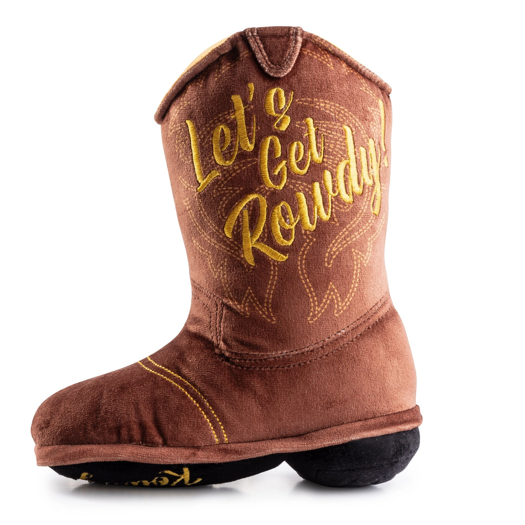 Brown children's cowboy boot with 'Let's Get Rowdy' text on a white background