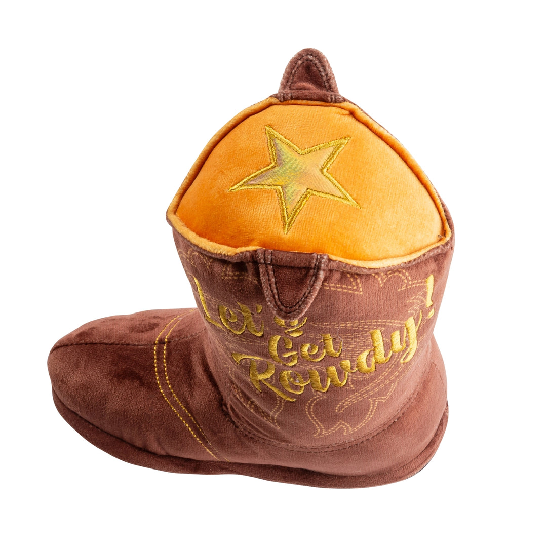 Brown cowboy boot with orange top and star, featuring 'Let's Get Rowdy!' text on a white background.