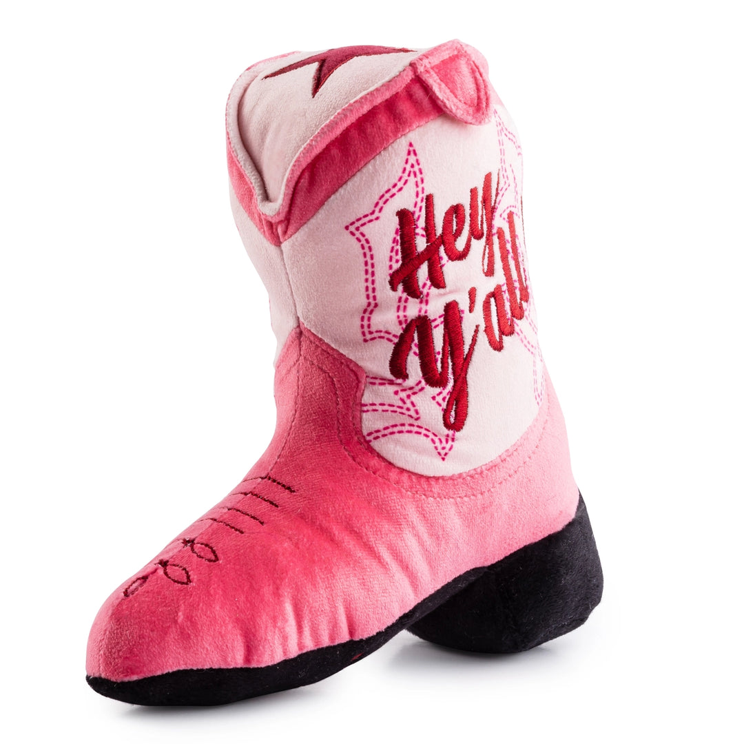 Pink cowboy boot with 'Hey ya'll' text on a white background