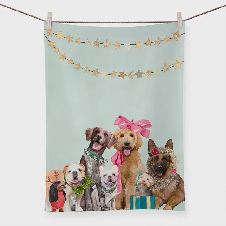 Festive Puppy Pack Tea Towel - Pink